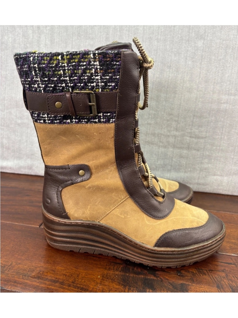 Bionica Women 10 Brown Leather Tweed Waterproof Lace Up Wedge Platform Booties